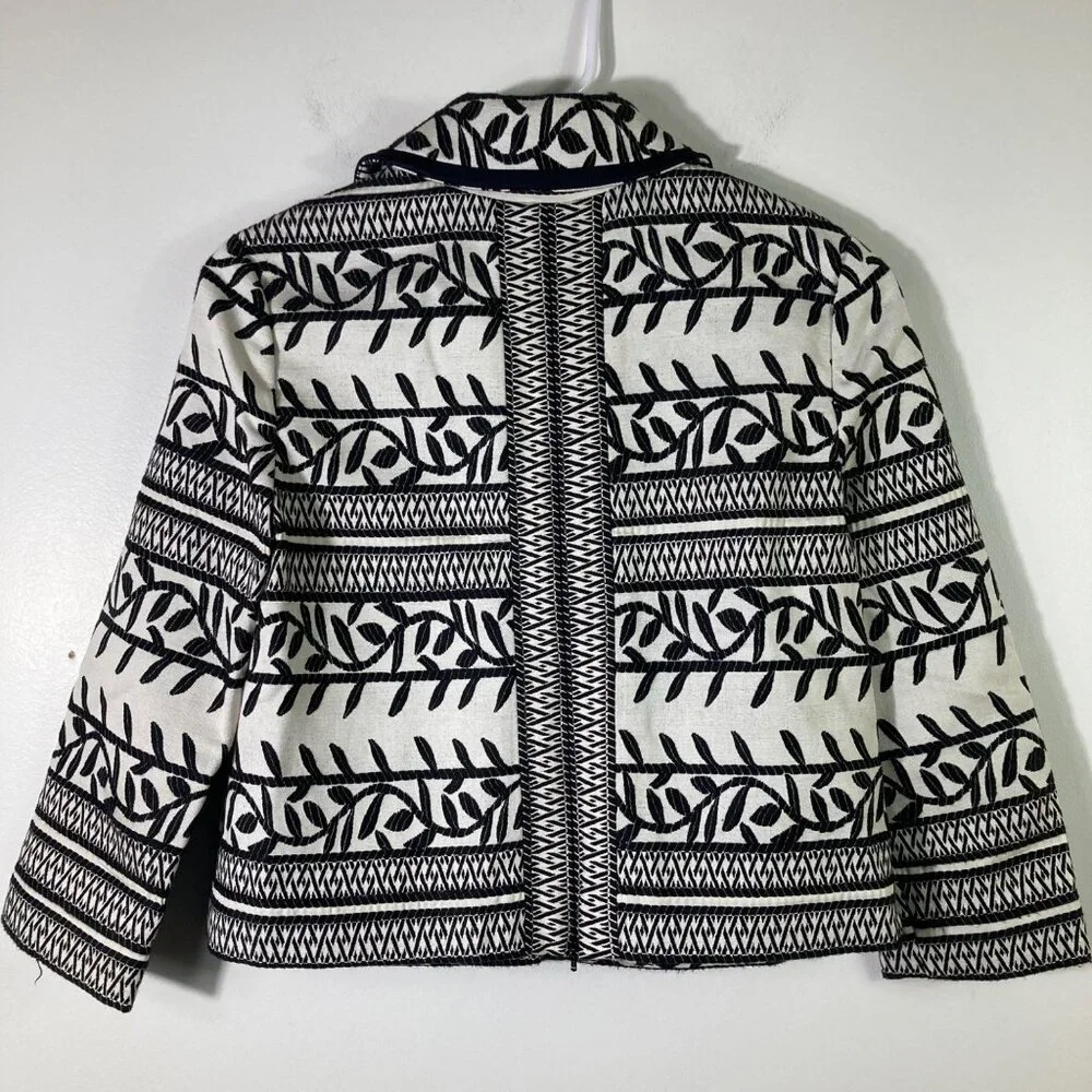 Womens Tory Burch Woven Cotton Floral Aztec Jacket Black Cream 0‎